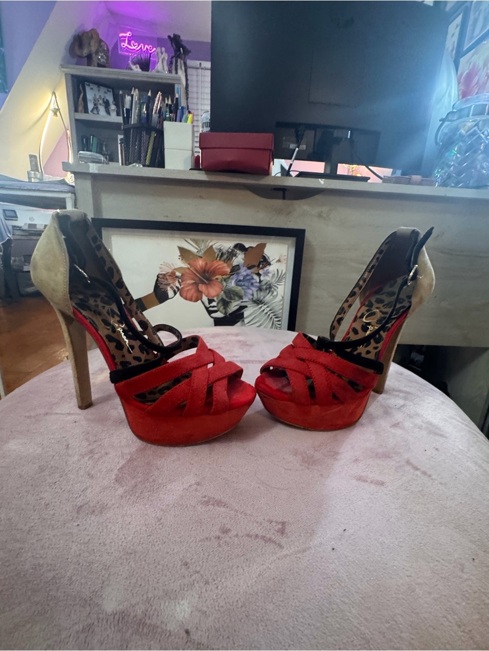 Jessica Simpson Red and Gold Platform Peep-Toe Heels
